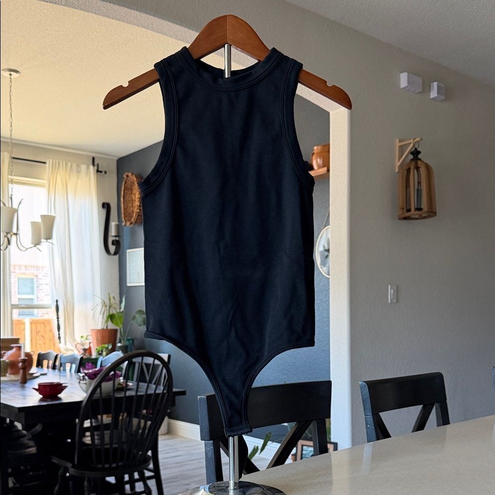 NWOT Happily Gray Ribbed Black Tank Bodysuit m/l Classic Layering Sleeveless